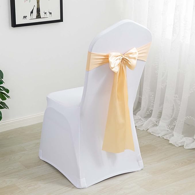 Dimatic 50 PCS Satin Chair Sashes Bows Chair Back Tie Bands for Wedding Banquet Events Reception Supplies Party Decoration Chair Cover sash (Beige) - Image 2
