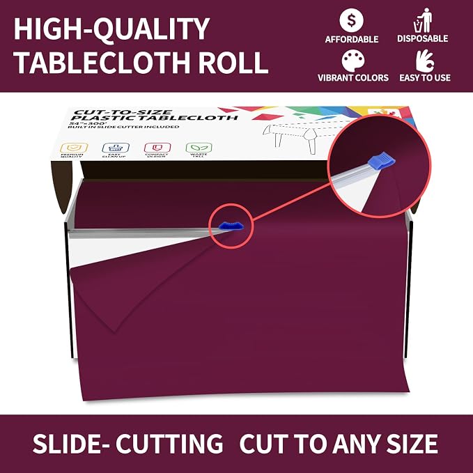CXPSINC 54 Inch X 300 Feet Plastic Table Cover Roll Disposable Tablecloth with Slide Cutter for All Type/Shape Tables | Party, Banquet, Birthdays, Weddings(Burgundy, 300 Feet) - Image 4