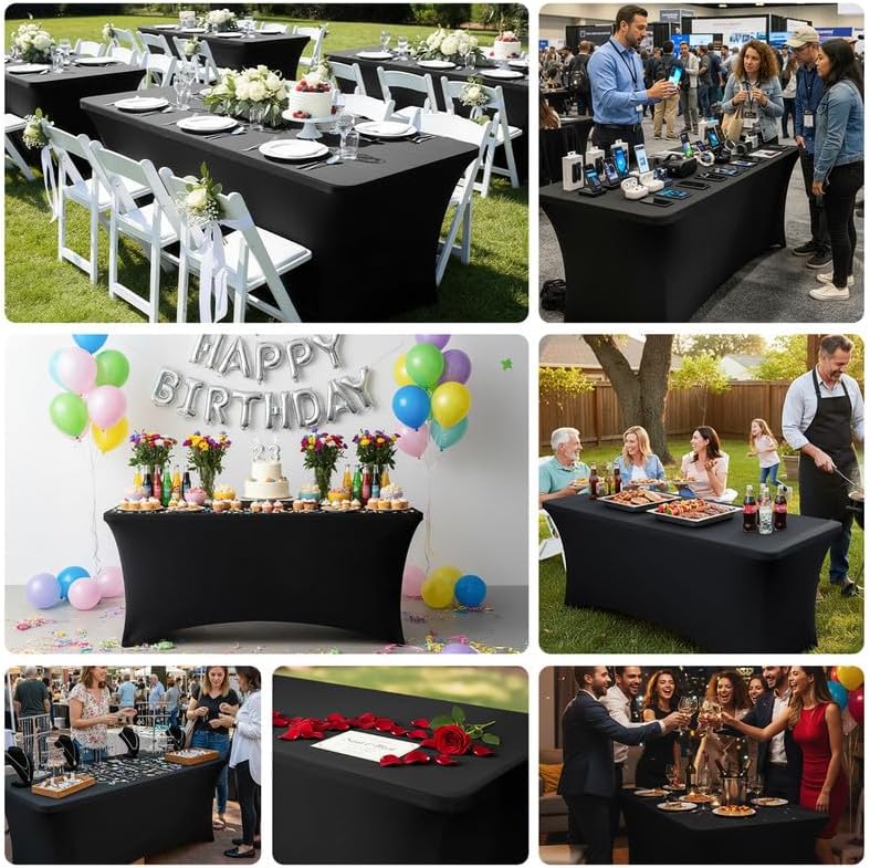 1 Pack 8FT Rectangular Spandex Tablecloth,Wrinkle Resistant Fitted Cover for 96x30 inch Banquet Table Cloth, Washable Stretch Fabric for Party, Events, Wedding, Vendor - Black - Image 6