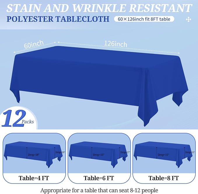 12 Pack Royal Blue Tablecloths for 8ft Tables-60 x 126 Inch | Polyester Table Cover, Stain and Wrinkle Resistant Washable Fabric Table Cloth, Perfect for Wedding Banquet Parties - Image 2