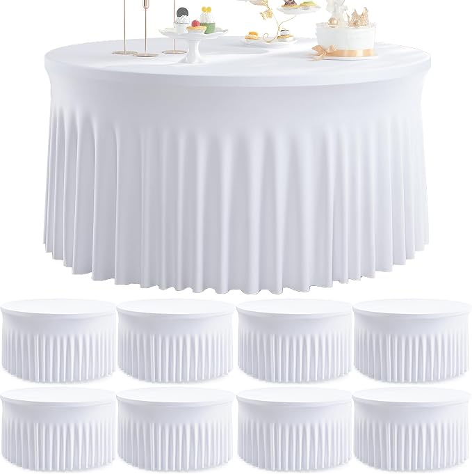 8pk Round Spandex Tablecloths for 72inch Table, Wrinkle Free Stretchy 132 inch Fitted 6ft Round Table Cloths Covers with Skirt for Wedding Birthday Parties Banquet Bridal Shower Events by Htper