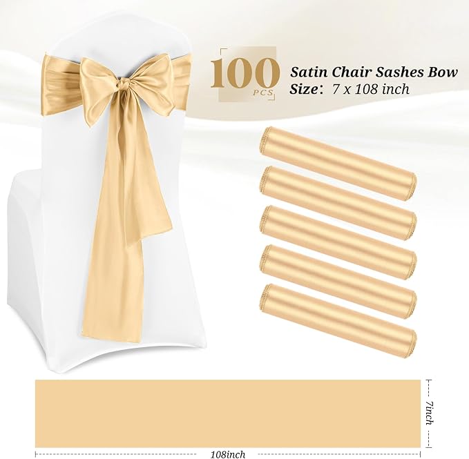Pesonlook 100Pcs Satin Chair Sashes Ties, Champagne Satin Chair Sashes Bows Chair Cover Back Tie Supplies for Wedding Reception Events Banquets Party, Hotel Event, Chairs Decoration | Satin Chair Sashes Bows Chair Cover Back Tie Supplies for Wedding Re... - Image 2