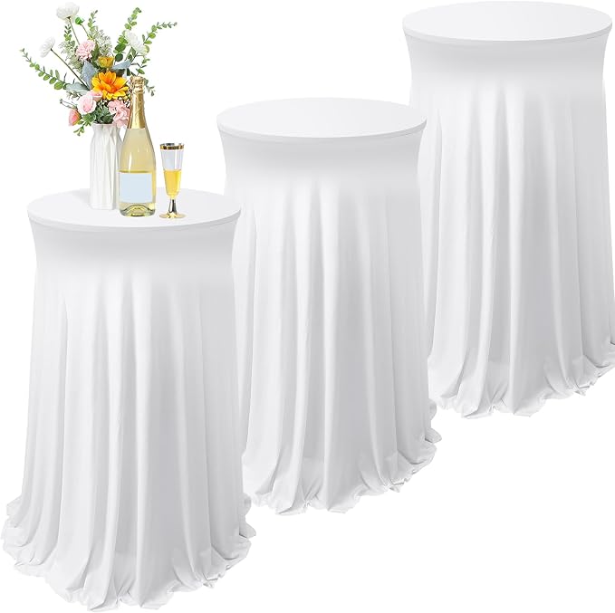 Tegeme 3 Packs Spandex Cocktail Table Cover Fitted with Skirt, White | 32x43 Inch High Top Tables, Stretch Tablecloth for Weddings Parties Banquets, Fitted Covers Wrinkle Resistant Elegant Design by Tegeme