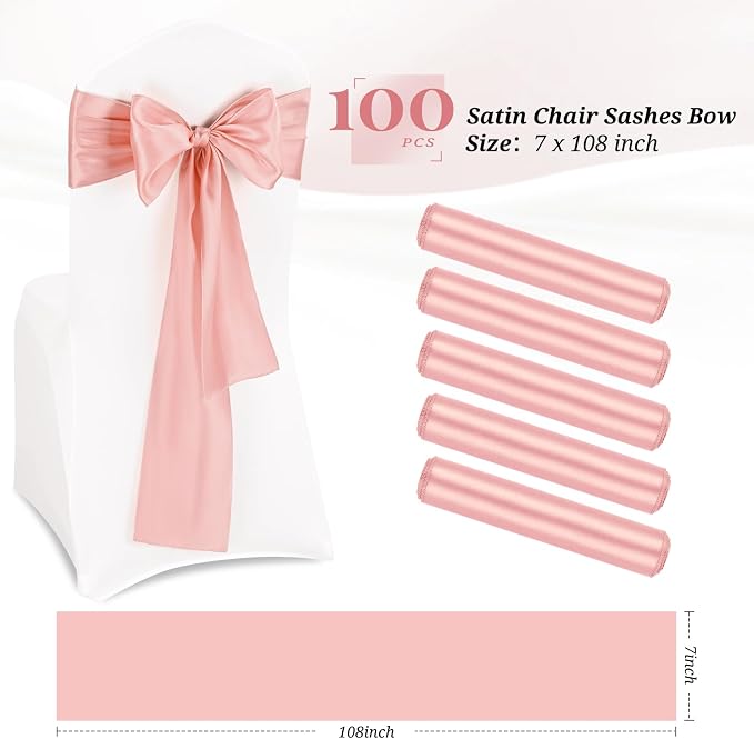 Pesonlook 100 Pcs Rose Gold Satin Chair Sashes Ties, 7×108inch | Satin Chair Sashes Bows Chair Cover Back Tie Supplies for Wedding Reception Events Banquets Party, Hotel Event, Chairs Decor - Image 2