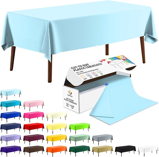 CXPSINC 54 Inch X 100 Feet Plastic Table Cover Roll Disposable Tablecloth with Slide Cutter for All Type/Shape Tables | Party, Banquet, Birthdays, Weddings(Light Blue, 100 Feet) by CXPSINC
