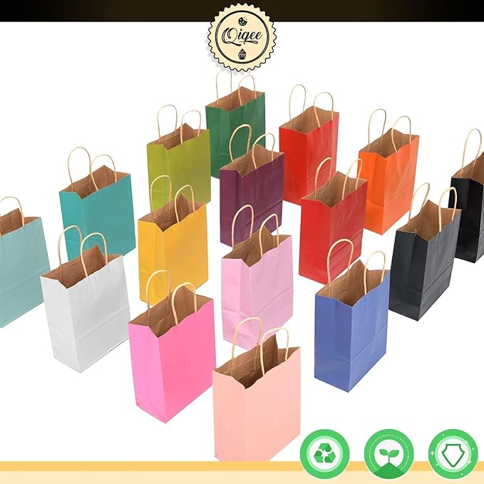 qiqee 60 pcs Kraft Bags with Handles 7.6"x4.75"x10.5" Medium Gift Paper Bag 16 Different Solid Color Bags - Image 6