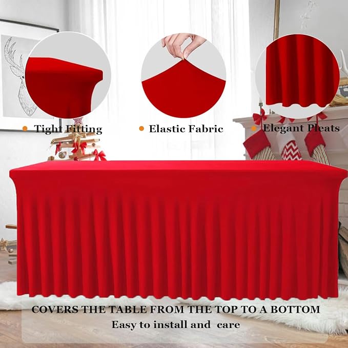 Albassa Table Skirt Spandex Table Cover for Rectangular Tables 6ft, Wrinkle Resistant Ruffles Elastic Table Cover and Table Skirt for Banquets, Weddings, Parties (Red, 6ft 1Pack) - Image 2