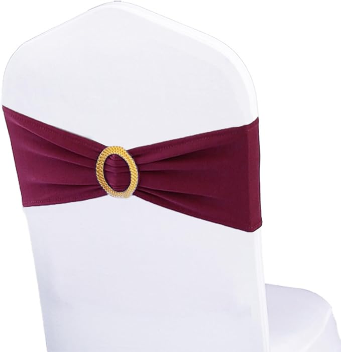 Pack of 50 Spandex Dark Burgundy Chair Sashes with Gold Buckles, Stretch Chair Bands Bows for Wedding Party Baby Shower Decor by WENSINL
