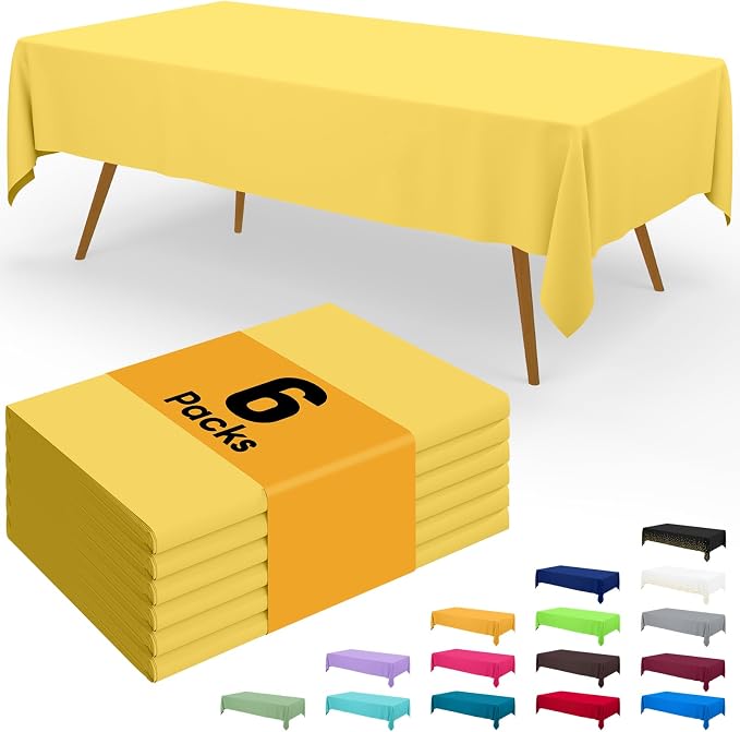 Smiry Disposable Table Cloth - 6 Pack, 54 x 108 Inch Waterproof Rectangle Tablecloths for Parties, Decorative Plastic Table Cover, Leakproof & Sturdy, Yellow by Smiry