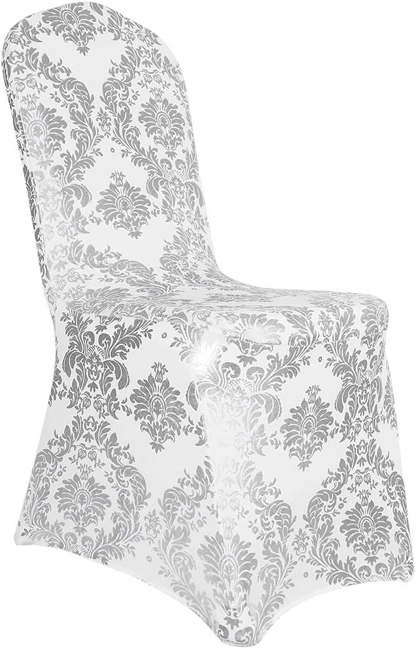 Silver Chair Covers Foil Floral Print, Stretch Fit, 20 Pack | Spandex, Washable, Anti-wrinkle, Armless 4-Leg Chair, Folding Chair Cover, Dining Chair Slipcover for Party Wedding Banquet by DesirableLife