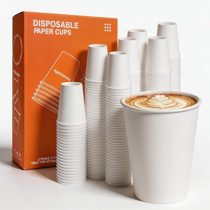 MOUMOULIFE Disposable Paper Coffee Cups 8 oz 100 Count, Leak-Proof White Hot/Cold Paper Cups for Coffee, Tea, Water, Ideal for Kids, Office, Party, School, Home by moumoulife