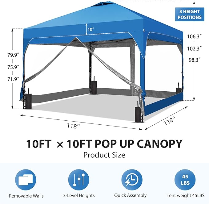 10x10 FT Pop Up Canopy with 4 Clear Sidewalls, 1-Button Push Instant Canopy Tent with Sandbags, Enclosed PVC Walls for Outdoor Activities & Events