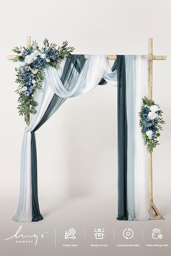 Ling's moment Wedding Arch Flowers, Dusty Blue and Navy, 5-Piece | Artificial Floral Arrangements, Includes Sheer Drapes, 2 Flower Stems + 3 Hanging Drapes, Ceremony Backdrop Decor - Image 2
