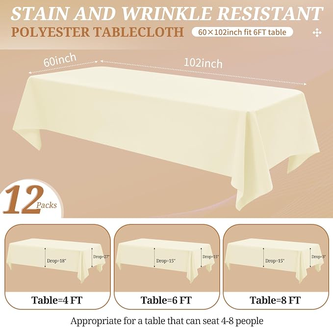 12 Pack Beige Tablecloths for 6ft Tables-60 x 102 Inch | Polyester Table Cover, Stain and Wrinkle Resistant Washable Fabric Table Cloth, Perfect for Wedding Banquet Parties - Image 2
