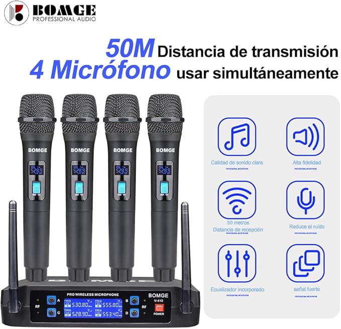 BOMGE Wireless Microphone System, Pro 4-Channel Cordless Mic Set with Four Handheld Mics, Fixed Frequency, Long Range 200ft, Ideal for Church,Karaoke, Events (V410)