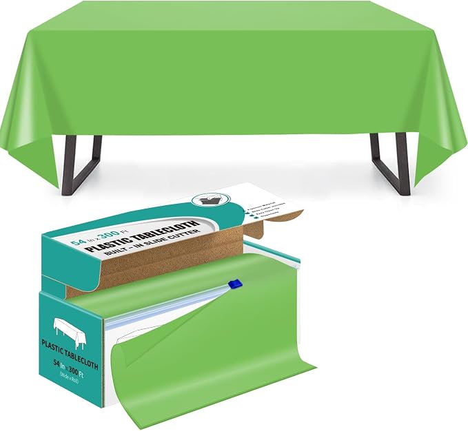 54 Inch x 300 Feet Lime Green Plastic Tablecloth Roll Disposable Table Cloth with Cutter Box Plastic Table Cover for Party by Unknown