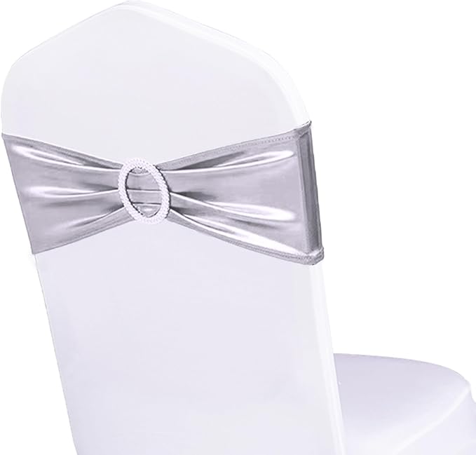 Pack of 50 Metallic Silver Chair Sashes for Wedding Elastic Chairs Bands Chair Bows for Party Decorations, Without White Chairs Covers (Metallic Silver) by WENSINL