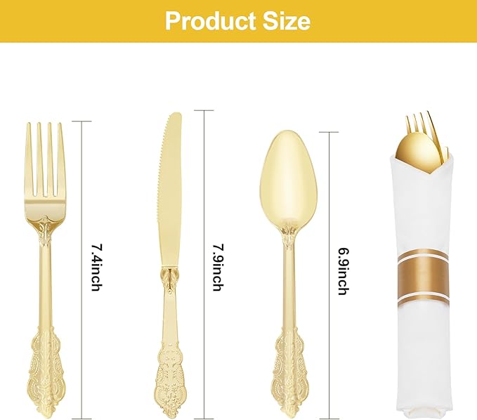 100 Pack Gold Plastic Silverware with Pre Rolled Napkins for 100 Guests, Heavyweight Gold Disposable Utensils Sets Includes 300 Plastic Cutlery, and 100 Napkins for Party & Wedding