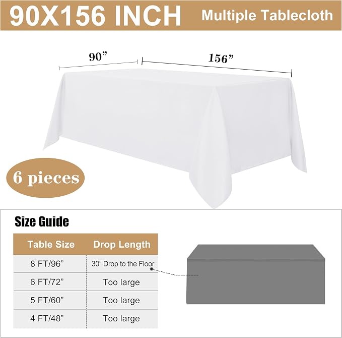 sancua 6 Pack White Table Cloth 90x156 Inch for 8 Feet Rectangle Tables | Stain and Wrinkle Resistant, Washable Polyester Large Tablecloth Cover for Dining Tables, Wedding Buffet Parties and Camping - Image 7