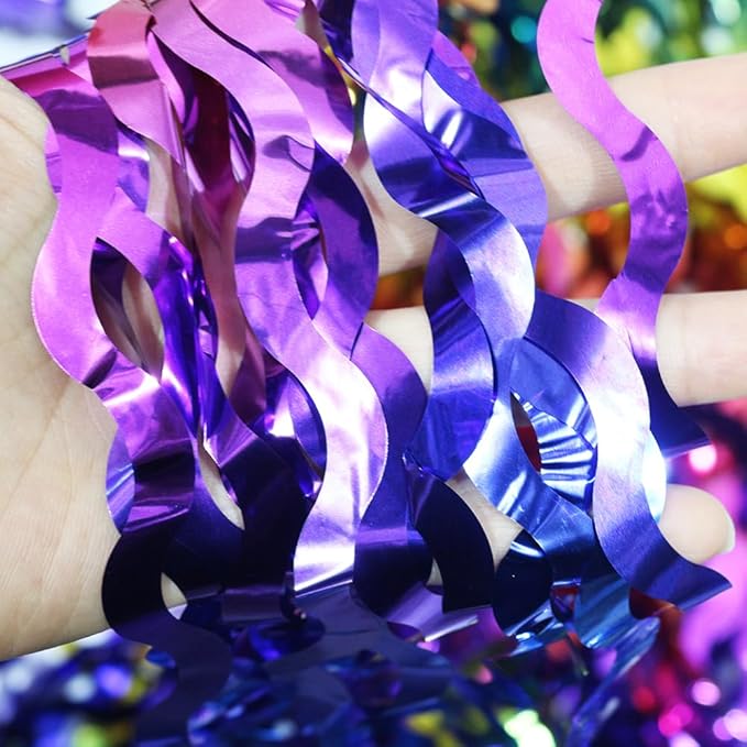 Rainbow Color Fringe Curtain Tinsel Streamer For Birthday Wedding Valentines Baby Shower, 4 Pack 6.56*3.28 FT Wave Metallic Tinsel Backdrop Party Streamers Backdrop Garland Photo Booth Door Decoration