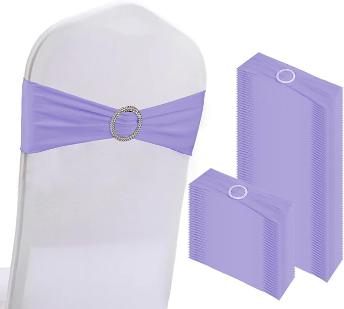 WJWHQ 100PCS Spandex Stretch Chair Sashes Bows Elastic Chair Cover Bands Ties with Buckle Slider for Wedding Party Reception Events Universal Ceremony Banquet Decorations(Light Purple) by WJWHQ