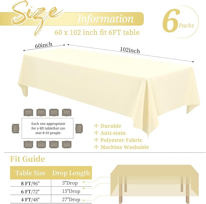 Showgeous 60x102 Inch Beige Rectangle Tablecloth 6 Pack Fit 6FT Table | Stain Rectangule Polyester Table Cloth Wrinkle Resistant Washable Fabric Table Covers for Wedding Dining Parties - Image 2