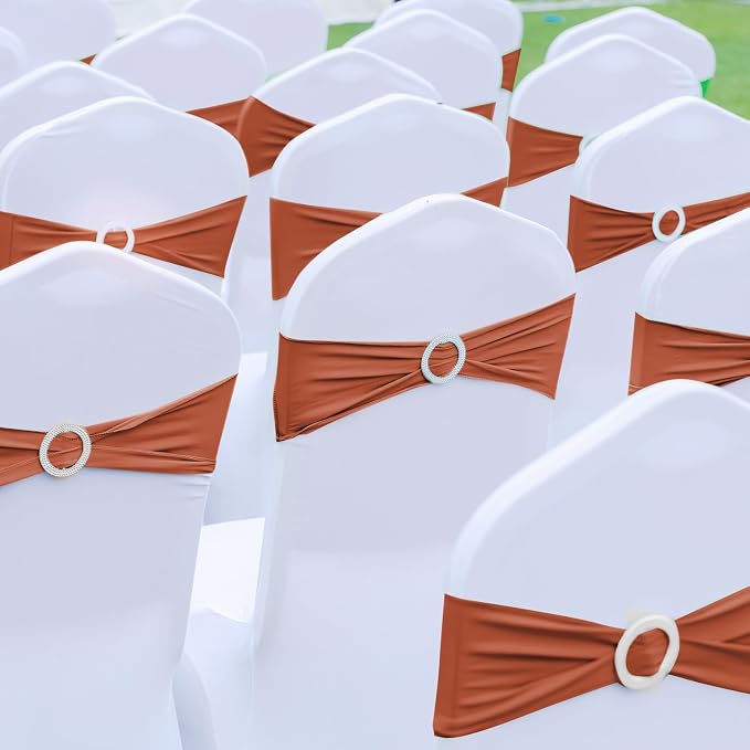 CHENGU 150 Pieces Spandex Stretch Chair Sashes Bows Elastic Chair Cover Bands Ties with Buckle Slider for Wedding Party Reception Events Universal Ceremony Banquet Decorations (Terracotta) - Image 4