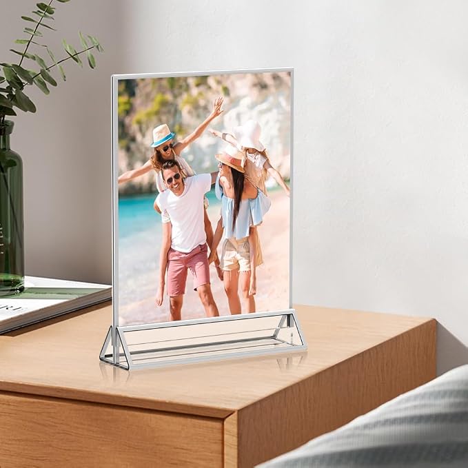 16 Pack 5x7 Clear Acrylic Sign Holders with Silver Borders and Vertical Stand, Double Sided Display Acrylic Table Number Holder for Desktop Table Menu, Wedding, Party, Restaurant - Image 4