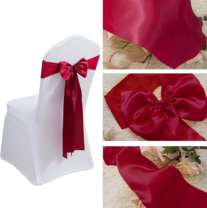 25 PCS Satin Chair Sashes Bows Chair Back Tie Bands for Wedding Banquet Events Reception Supplies Party Decoration Chair Cover sash (Wine) - Image 4