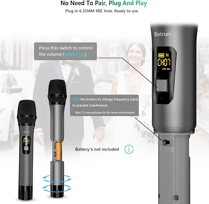 Wireless Microphone, Bietrun UHF Metal Dual Handheld Cordless Dynamic Mic System with Rechargeable Receiver, 1/4‘’Output, for Karaoke, Church, Speech, Wedding, Party Singing(160 ft Range)-Auto Connect