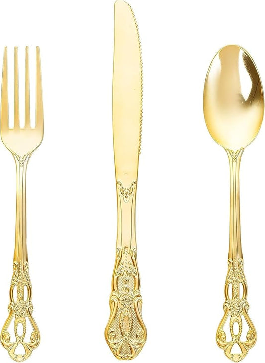 90 Pieces Gold Plastic Silverware - Heavy Duty Gold Disposable Utensils - Fancy Plastic Cutlery Set Includes 30 Forks, 30 Spoons, 30 Knives for Dinner Parties Weddings