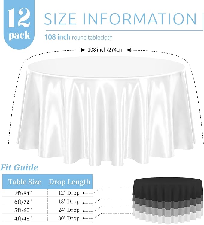 12 Pack 108 Inch Round Satin Tablecloth, White - Image 2