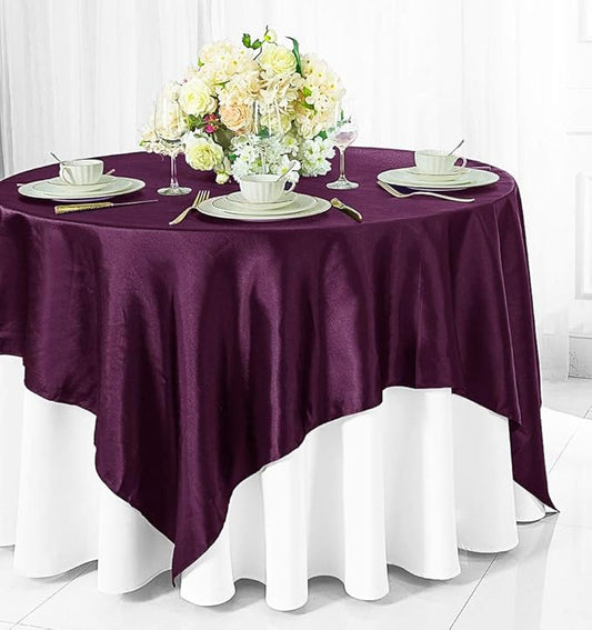 (2 PCS 54" Square Satin Table Overlays Toppers Tablecloths Table Overlay Cover Linens for Wedding Decoration Party Banquet Events - Plum