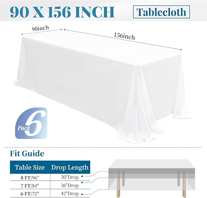 fani 6 Packs White Tablecloth - 90 x 156 Inch for 8Ft Tables | Washable Polyester Fabric, Stain Wrinkle Resistant Rectangle Table Cloth for Wedding Banquets Parties Buffet Dining - Image 2