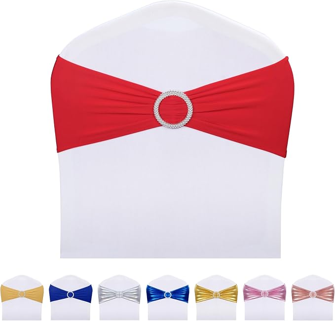 LEBENGURU Red Spandex Chair Sashes -50pcs Premium Stretch Bows with Buckle Slider, Universal Elastic Chair Bands for Wedding Party Banquet Decoration by LEBENGURU