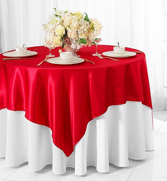 (2 PCS 54" Square Satin Table Overlays Toppers Tablecloths Table Overlay Cover Linens for Wedding Decoration Party Banquet Events - Red