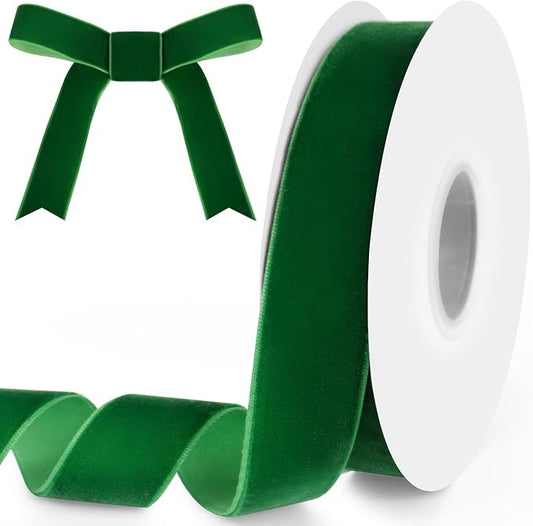 1" Wide x 10 Yards Velvet Ribbon, Vintage Single Face Velvet Ribbons for Gift Wrapping, Christmas Wrapping Bows, Wedding Decor, Sewing and More (Forest Green)