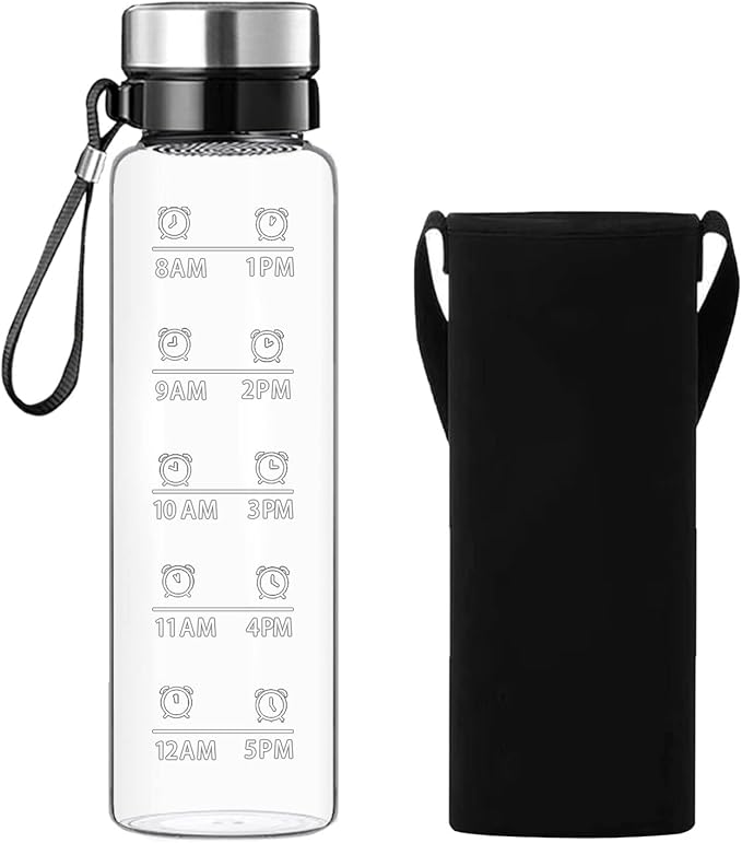 1 Liter Glass Water Bottle - 32 oz Large Borosilicate Wide Mouth Glass Drinking Bottles With Time Marking, Sleeve, BPA Free