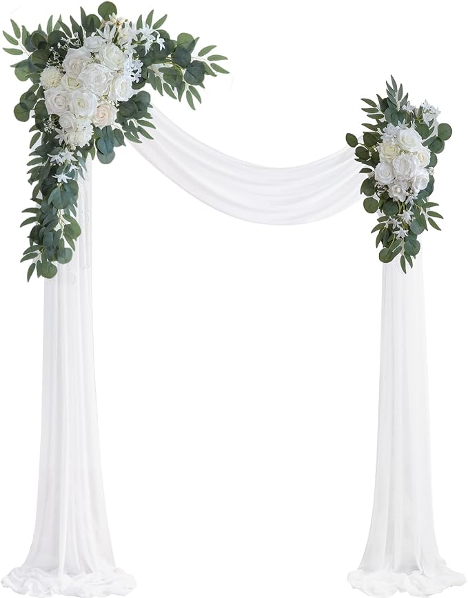 Olalaka White Artificial Wedding Arch Flowers Kit (Pack of 3) with 26Ft White Shiny Arch Draping Fabric for DIY Wedding Party Ceremony Reception Backdrop Floral Decoration by Love%C2%A0Every%C2%A0Bit%C2%A0of%C2%A0Life
