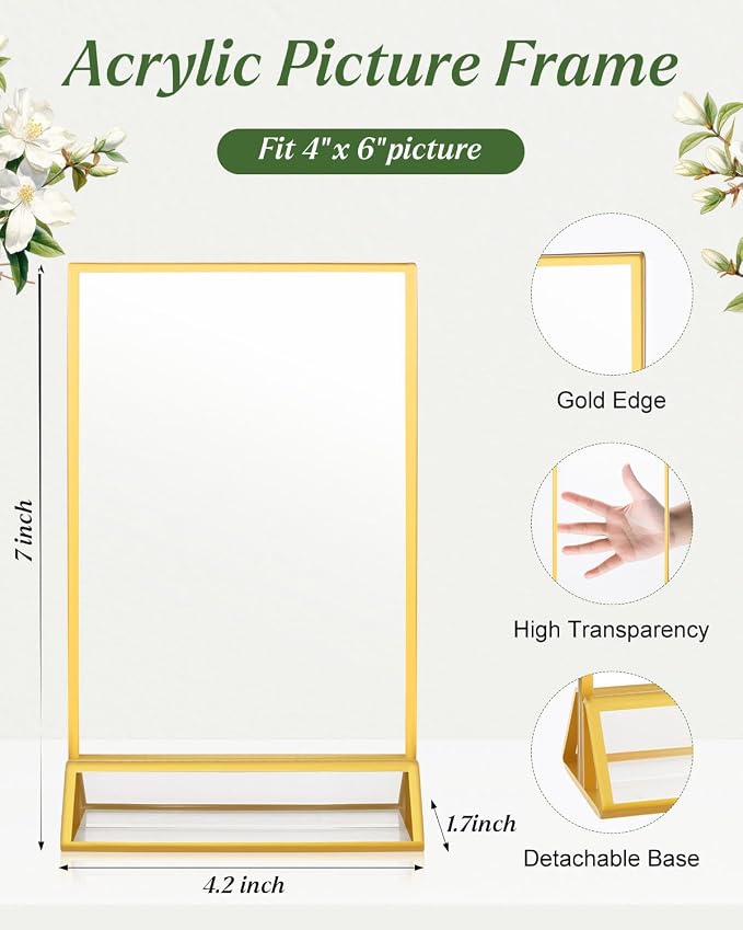 8 Pack Gold Acrylic Sign Holders 4x6 Clear Picture Frame Stands | Double Sided Vertical Stand Menu Flyer Holder for Wedding Table Numbers, Restaurant Signs, Party and Office Photos - Image 3