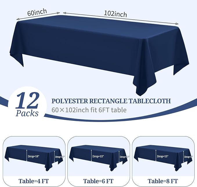 Pesonlook 12 Pack Navy Blue Rectangular Tablecloth 60 x 102 Inch | for 6ft Tables,Washable Reusable Polyester Fabric Tablecloth Navy Blue Table Cover for Wedding,Banquet,Event,Party - Image 3