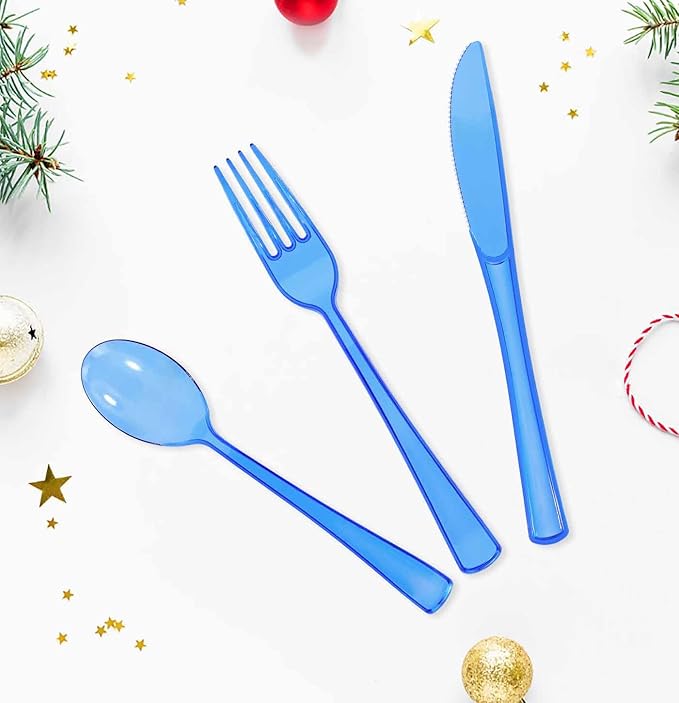 HEIPINIUYE 75 Pack Royal Blue Clear Plastic Cutlery Heavy Duty Clear Blue Plastic Knives Forks and Spoons Disposable Silverware Set for 25 Guest Camping Birthday Baby Shower Party Utensil Set