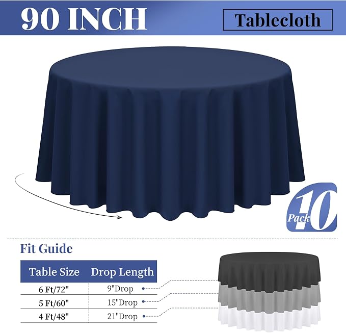 fani 10 Packs Navy Blue Round Tablecloth - 90 Inch, Polyester | Table Cloth for Round Tables, Washable Fabric, TableCovers for Wedding, Party, Banquet, Dining Tables, Camping - Image 2