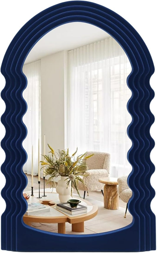 Small Wavy Wall Mirror Living Room Decor, Irregular Decorative Mirrors with Flocking Touch, Modern Squiggly Mirror for Bedroom Hallway Entryway Game Room Decoration (Dark Blue)