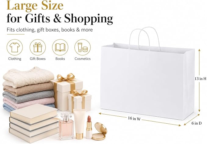 Large Kraft Paper Bags with Handles Bulk for Shopping,70 Pack,White | 16x6x12 Inch,120GSM,Thick,Durable,8LB Load,Heavy Duty for Retail ,event,boutiques,corporate gifts,wedding,party - Image 3