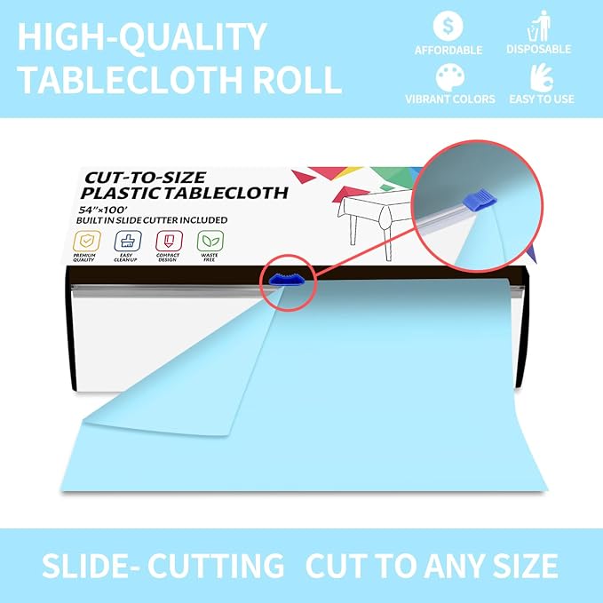 CXPSINC 54 Inch X 100 Feet Plastic Table Cover Roll Disposable Tablecloth with Slide Cutter for All Type/Shape Tables | Party, Banquet, Birthdays, Weddings(Light Blue, 100 Feet) - Image 4