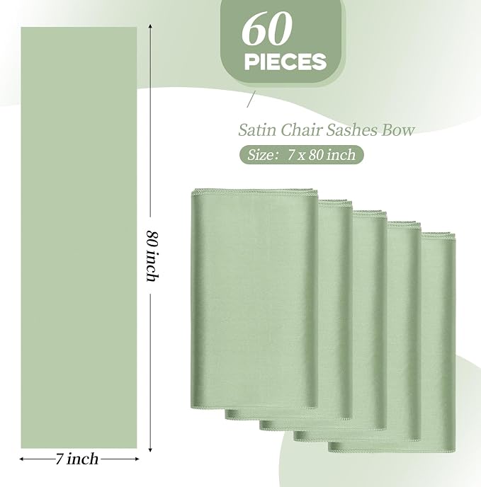 YMHPRIDE 60 PCS Sage Green Satin Chair Sashes,Ties Bows Designed Chair Sashes for Wedding Party Baby Shower Banquet Restaurant Hotel Folding Chairs Decoration(Sage Green,7x78 inch) - Image 3