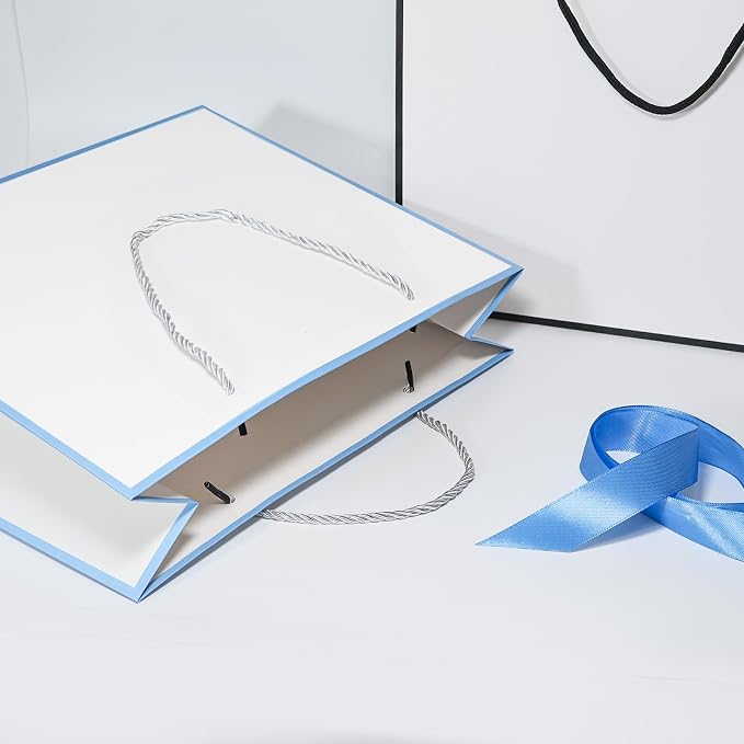 5 | 12 | 25 | 50 Pack Gift Bag with Bow Ribbon Horizontal Paper Gift Bags Bulk for Women Men,with Handles for Birthday Wedding Bridesmaid Party Favor Shopping Retail Gift Sacks (Sky blue, 12.6x4.3x10.5 Inch (Pack of 12)) - Image 4