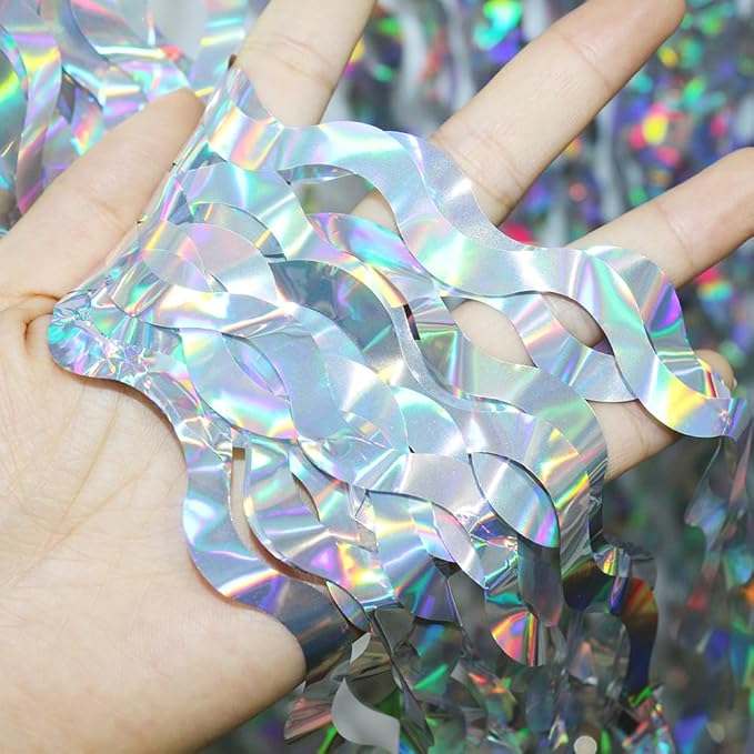 Silver Glitter Foil Fringe Streamer Metallic Wavy Tinsel Curtain for Birthday Wedding Engagement Baby Shower, 4 Pack 6.56 x 3.28 FT Wave Streamer Backdrop Party Backdrop Photo Booth Door Decoration