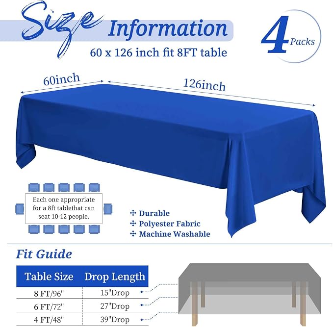 Showgeous 4 Pack Royal Blue Polyester 60x126 Inch Tablecloths | Soft polyester, wrinkle resistant, fade resistant, smooth finish, fine stitching, folded hems, reusable, machine washable - Image 2